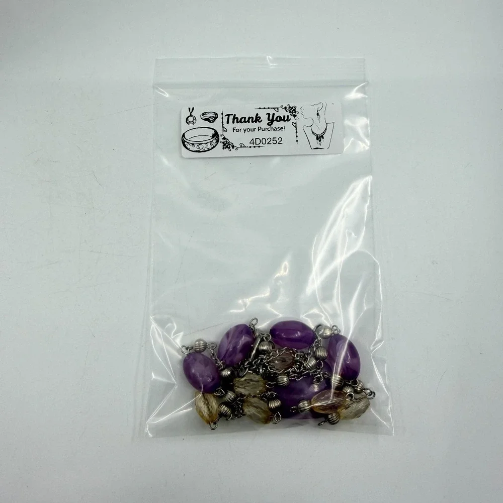 Necklace Vintage Y Drop Purple Yellow Beads Silver Tone Boho Statement Pendant